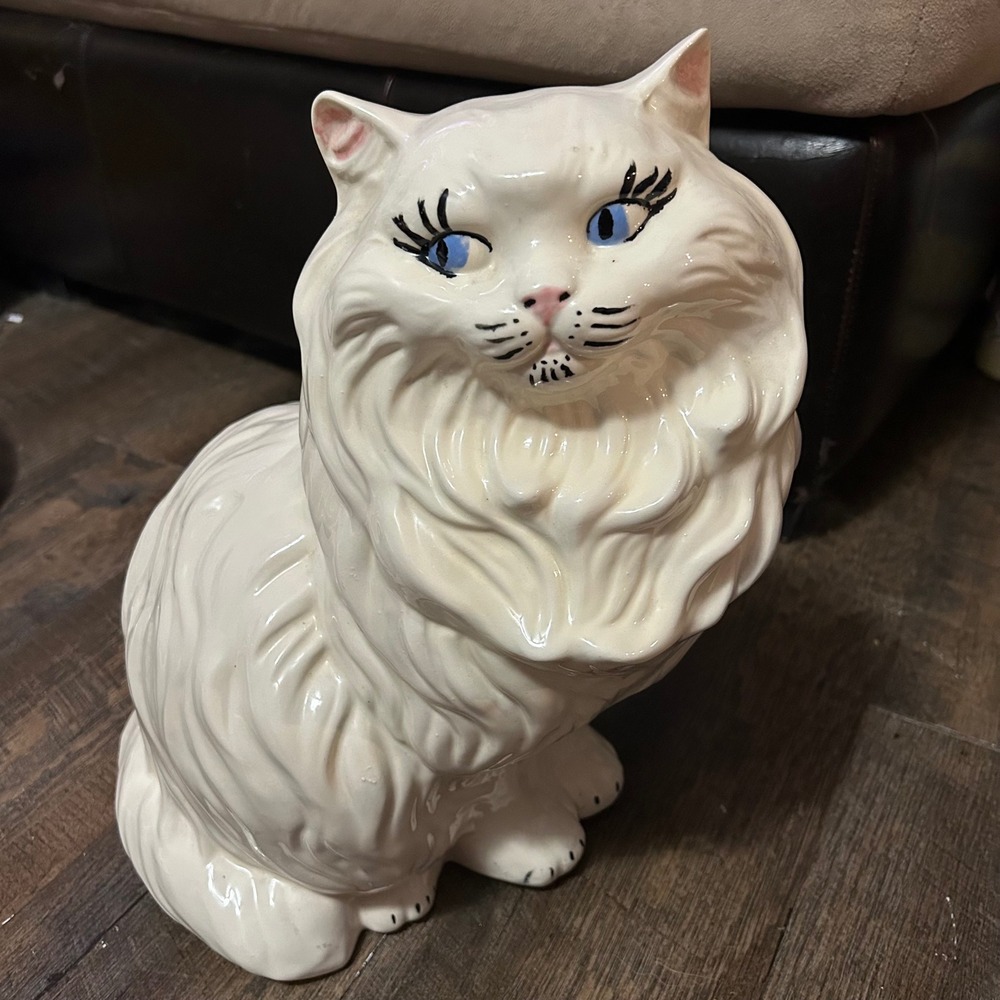 Vintage Life Size White Ceramic Persian Cat Statue 14.5 Inch Blue Eyes Figurine